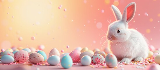 Banner white rabbit and easter eggs on pink background