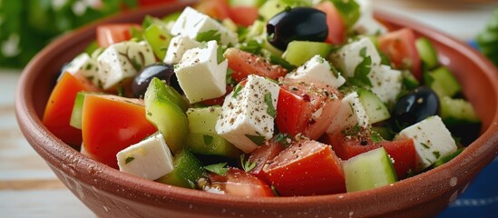 A complete and nutritious Greek salad filled with feta cheese, green peppers, black olives, and tomatoes, ideal for a light and quick summer lunch.