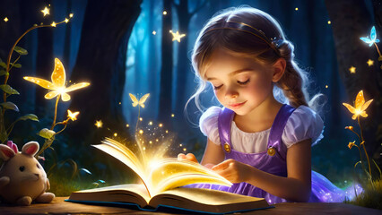 Little girl with a book in her hands reads a fairy tale, magic atmosphere around.Generative AI.  © svf74
