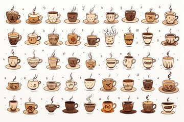 Collection of different coffee cups and saucers, perfect for coffee shop menus or kitchen decor
