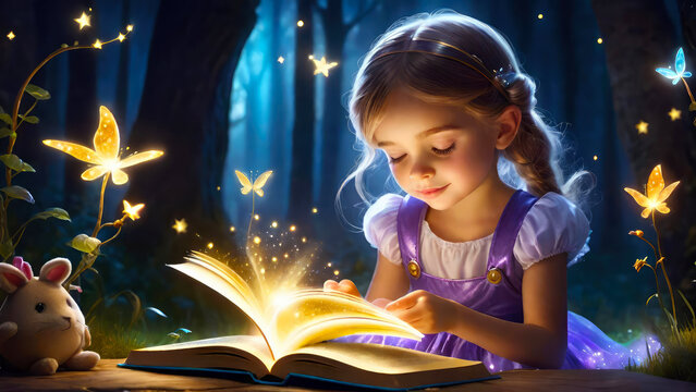 Little girl with a book in her hands reads a fairy tale, magic atmosphere around.Generative AI.

