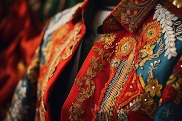 Detailed view of a red and gold jacket, versatile for various concepts