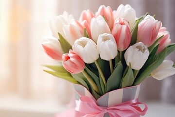 Beautiful pink and white tulips arranged in a vase. Perfect for springtime decorations
