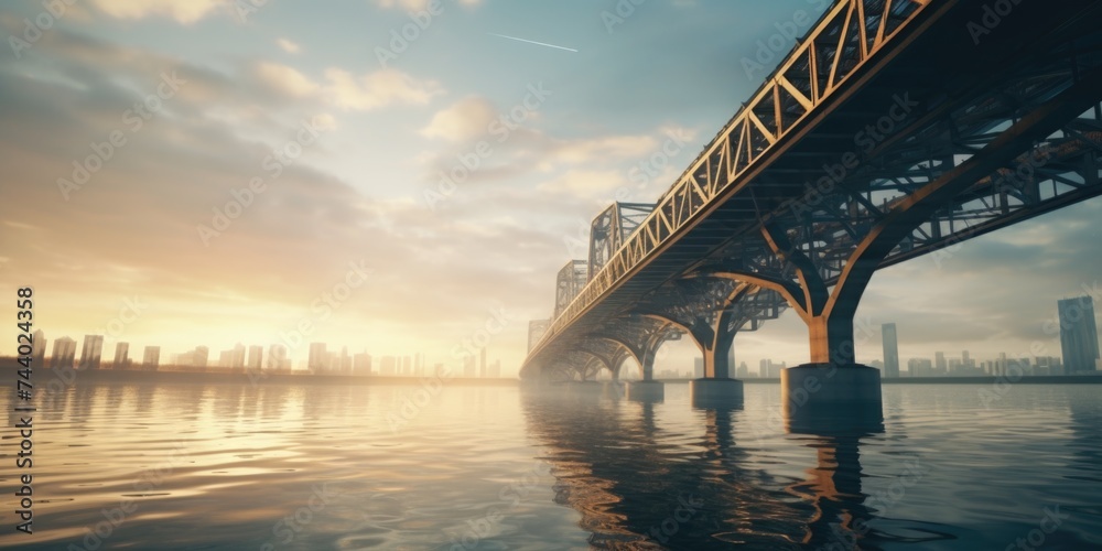 Poster a scenic view of a bridge over a body of water with a city in the background. ideal for travel and u