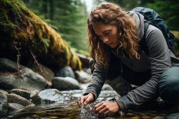 A woman crouching down to collect water from a stream. Suitable for environmental and outdoor themes - obrazy, fototapety, plakaty