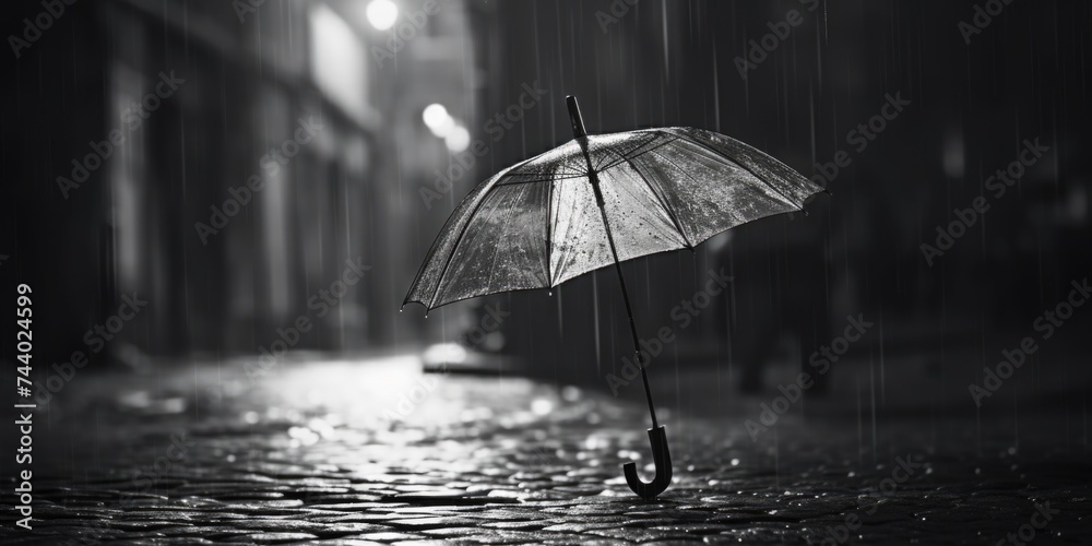 Poster a black and white photo of an umbrella in the rain. suitable for weather-related concepts