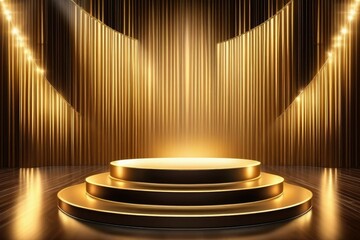 Podium with golden light lamps background. Golden light award stage with rays and sparks