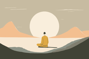 Enlightenment, nirvana and spiritual awakening concept with person in sitting pose peacefully meditating while facing the sun - obrazy, fototapety, plakaty