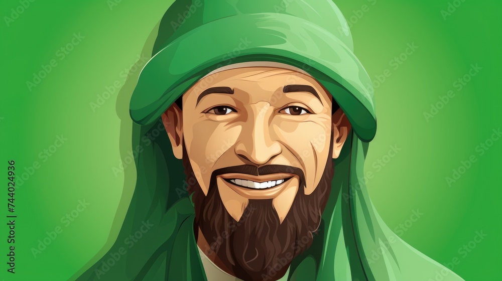Poster a man with a beard and a green hat, suitable for various themes