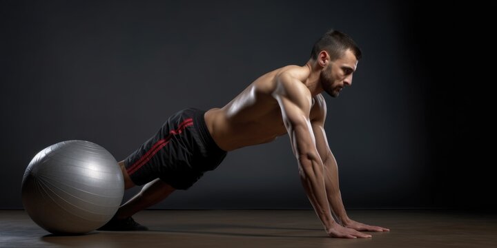 A man performing a push up on a stability ball. Perfect for fitness and workout concepts