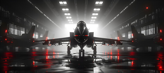 A military fighter jet aircraft parked in military hangar at the base airforce for military mission - obrazy, fototapety, plakaty