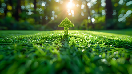 Arrow pointing up blending with green grass with copy space - environment concept Ecology and Sustainable Environment of the World - obrazy, fototapety, plakaty