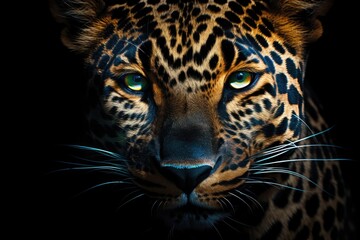 A detailed close-up of a leopard's face. Suitable for wildlife and animal themes