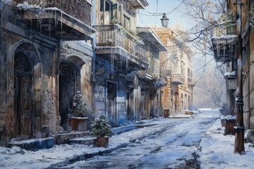 A beautiful painting of a snowy city street. Perfect for winter-themed designs