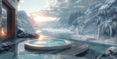 Amidst a serene winter wonderland, a steaming hot tub perched upon a dock beckons for a cozy and refreshing soak while gazing at majestic snow-capped mountains - obrazy, fototapety, plakaty