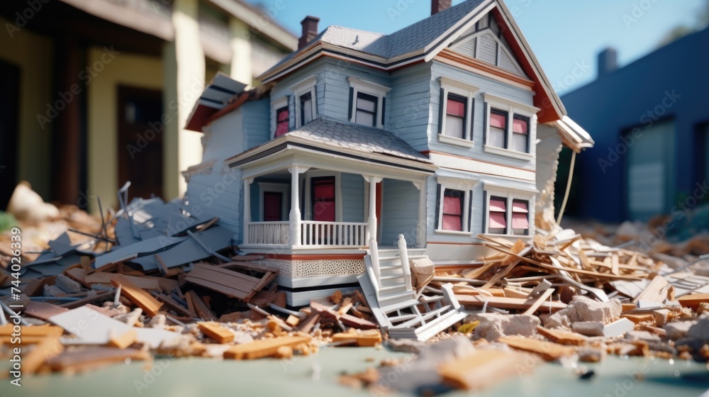 Poster a model house placed on a pile of rubble. suitable for construction, disaster, or rebuilding concept