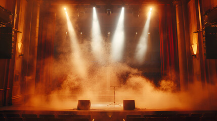 Fototapeta premium The view of smog coming out of two smog equipment shooting at the stage in a lighted concert hall