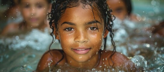 Obraz premium A young girl indulges in the peacefulness of swimming, her glistening face reflecting the tranquility of the water