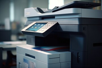 A modern multi-function printer with a tablet on top. Ideal for office and technology concepts