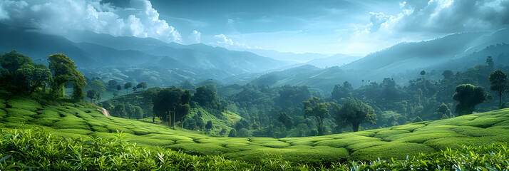 panorama of the mountains,
Green field tree and blue sky great as a background web banner - obrazy, fototapety, plakaty