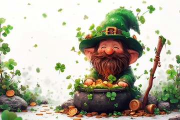 Seamless pattern with a leprechaun, a cauldron with coins and a staff, a symbol of good luck clover on a white background - obrazy, fototapety, plakaty