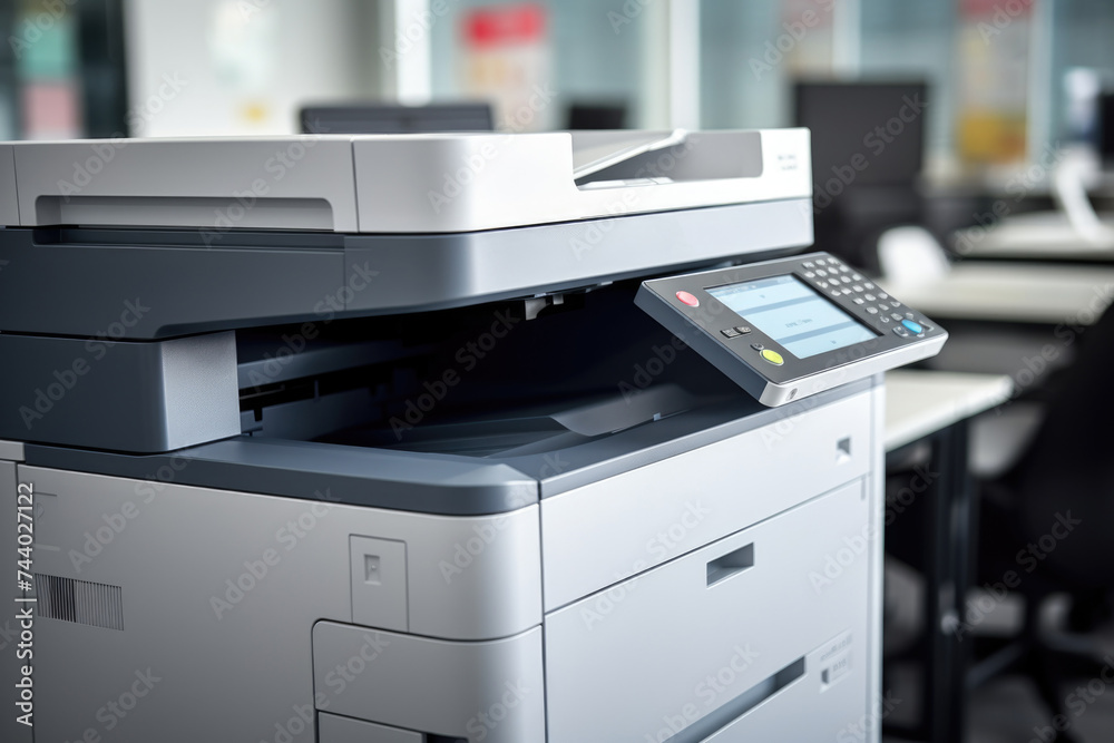 Poster A multi-function printer sitting on top of a desk. Ideal for office and technology concepts
