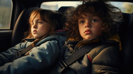 Two young girls sitting in the back seat of a car. Suitable for family travel concept