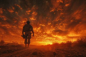 As the fiery sun sets behind him, a lone soldier braves the scorching heat of the desert, his determined steps mirroring the flickering flames of a distant fire in the sky