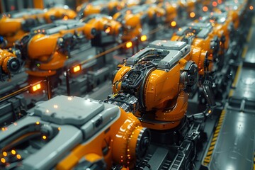 A team of industrious yellow robots work tirelessly in an orange-lit factory, their intricate engineering resembling a giant lego set come to life - obrazy, fototapety, plakaty