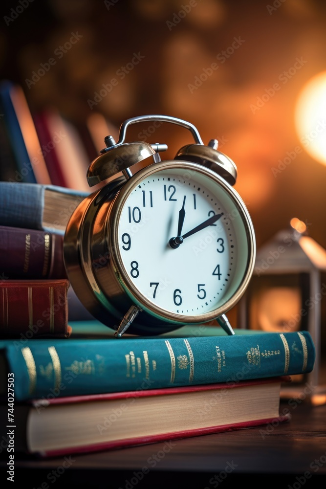 Poster A clock resting on a pile of books. Perfect for educational concepts