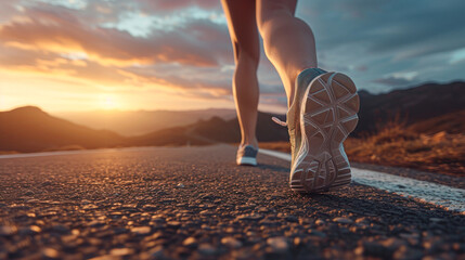 Close-up of a runner's shoes on an asphalt road at sunset with majestic mountains in the background. - obrazy, fototapety, plakaty