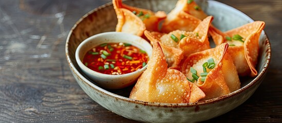 A ceramic dish filled with Thai-style deep-fried wontons made of minced pork, accompanied by a side of sweet and sour dipping sauce.