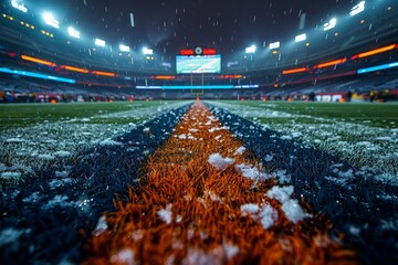 Under the bright stadium lights, the winter snow blankets the once green grass of the outdoor...