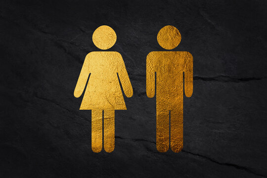 Men and women restroom icon in black background, men and women bathroom golden sign.Toilet vector icon for any use. Vector illustrator.
