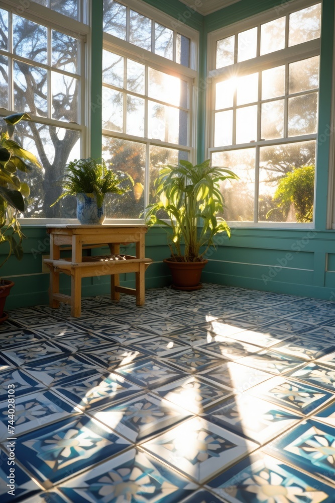 Poster sunlight streaming through window onto tiled floor, ideal for interior design projects