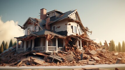 A house being demolished by a pile of rubble. Suitable for construction or disaster concepts - obrazy, fototapety, plakaty