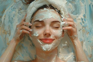 A serene portrait of a woman, her human face adorned with glistening white substance, evoking a sense of purity and tranquility as she emerges from the depths of the swimming pool