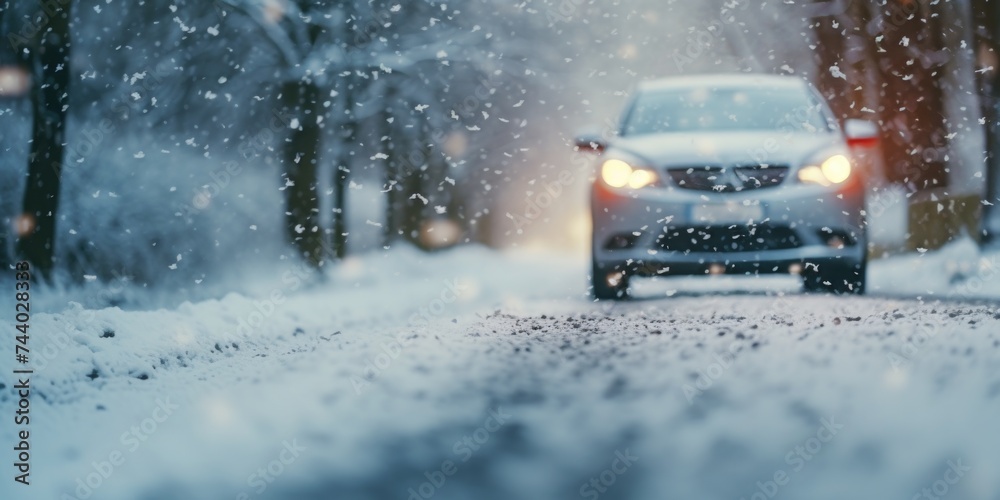 Poster A car driving down a snow-covered road. Suitable for winter driving safety tips