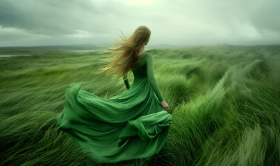 Woman walking in green windy field with tall grass wearing long dress - obrazy, fototapety, plakaty