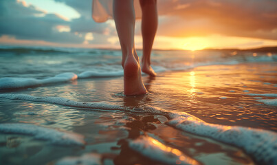 Low angle view of girls feet walking on beach at sunset