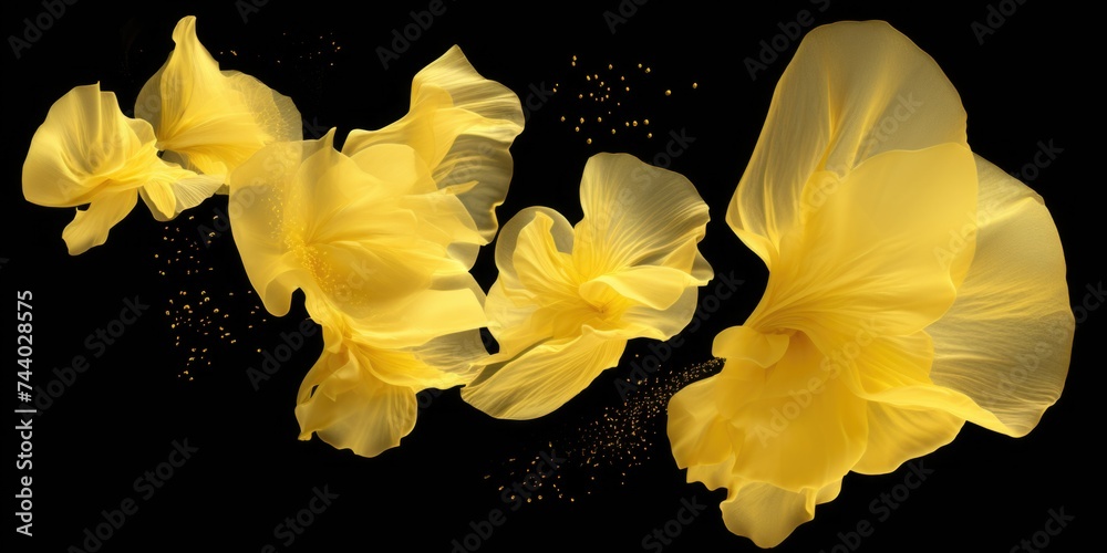 Poster bright yellow flowers contrasting against a dark black background, perfect for adding a pop of color