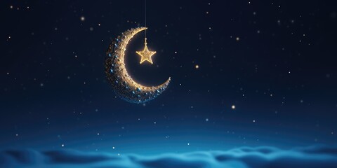 A crescent moon with a star hanging from it. Suitable for celestial and night sky themes