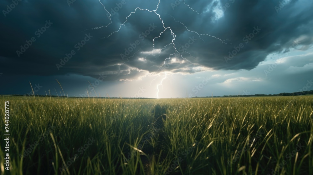 Poster a dramatic scene of a lightning bolt striking a field of grass. perfect for weather or natural disas