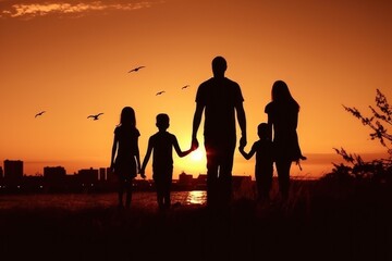 Silhouette of a family holding hands at sunset. Suitable for family and love concepts