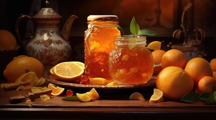 Orange jam. A glass jar with marmalade and fresh citrus fruits. Sweet snack, delicious breakfast.