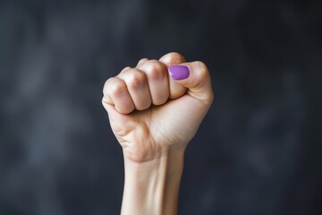 Woman raising her fist for Women's Day on a purple background. Girl power concept of women feminism, pride and solidarity, can be used for parades and manifestos