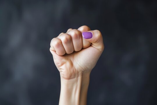 Woman raising her fist for Women's Day on a purple background. Girl power concept of women feminism, pride and solidarity, can be used for parades and manifestos