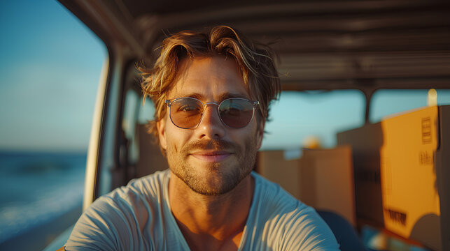 Happy man with sunglasses in his van or caravan full of cardboard boxes moving to a new home on the beach. Change of life.