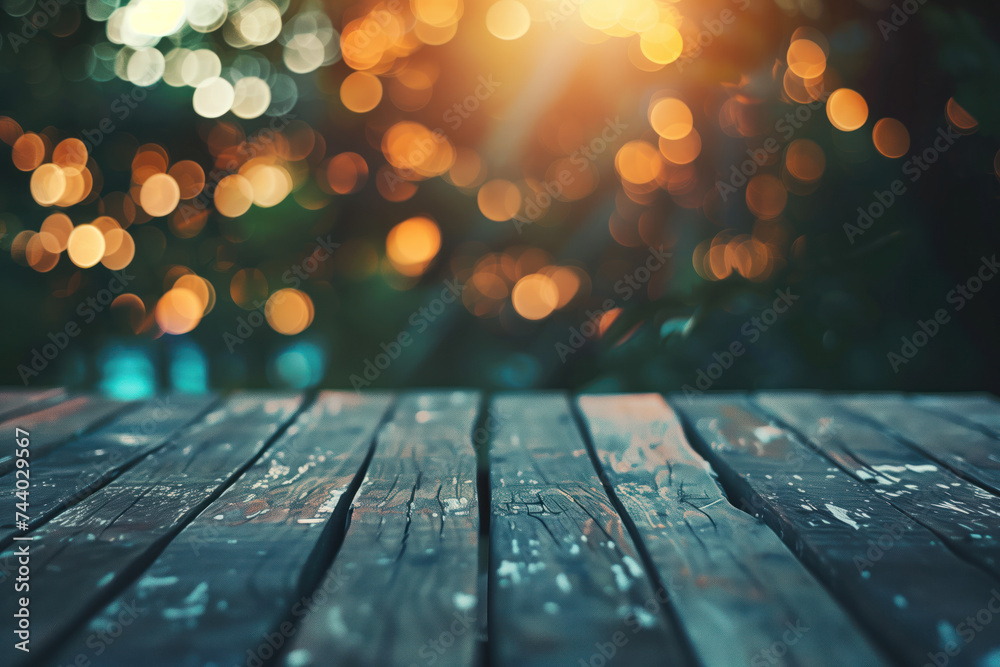 Poster abstract background with a wooden board, lights and bokeh. a slide background for showcasing creativ