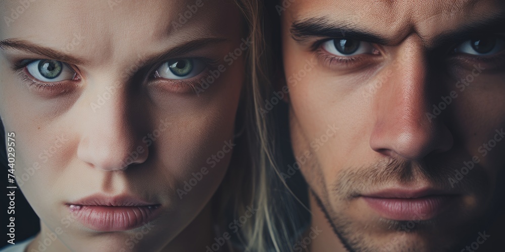 Poster a man and a woman staring directly at the camera. suitable for various concepts